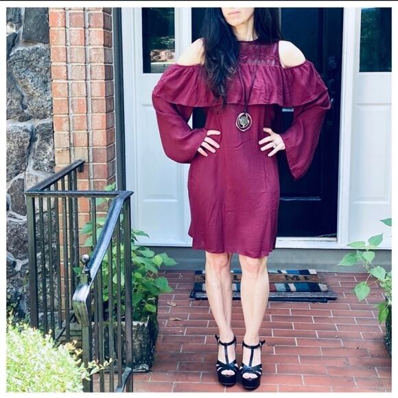 Cold Shoulder Burgundy Dress Long Sleeve Layered Ruffle Detail - Picture 3 of 9